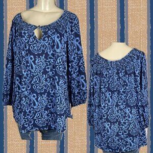 Laura Scott + 3X Blue-Navy Floral Round Shirred Keyhole Neckline 3/4 Sleeve Top